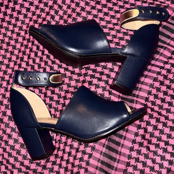 ASHRO Navy Blue Gold Shoes Womens Size 9 Chunky Heels Church Fancy Granny Style - Picture 2 of 13